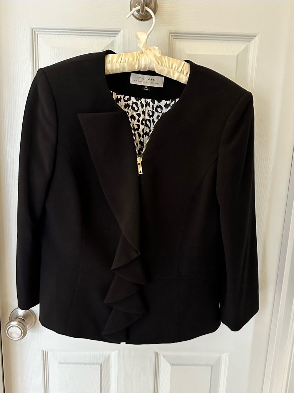 Tahari Black Ruffle-Front Blazer with Gold Zip